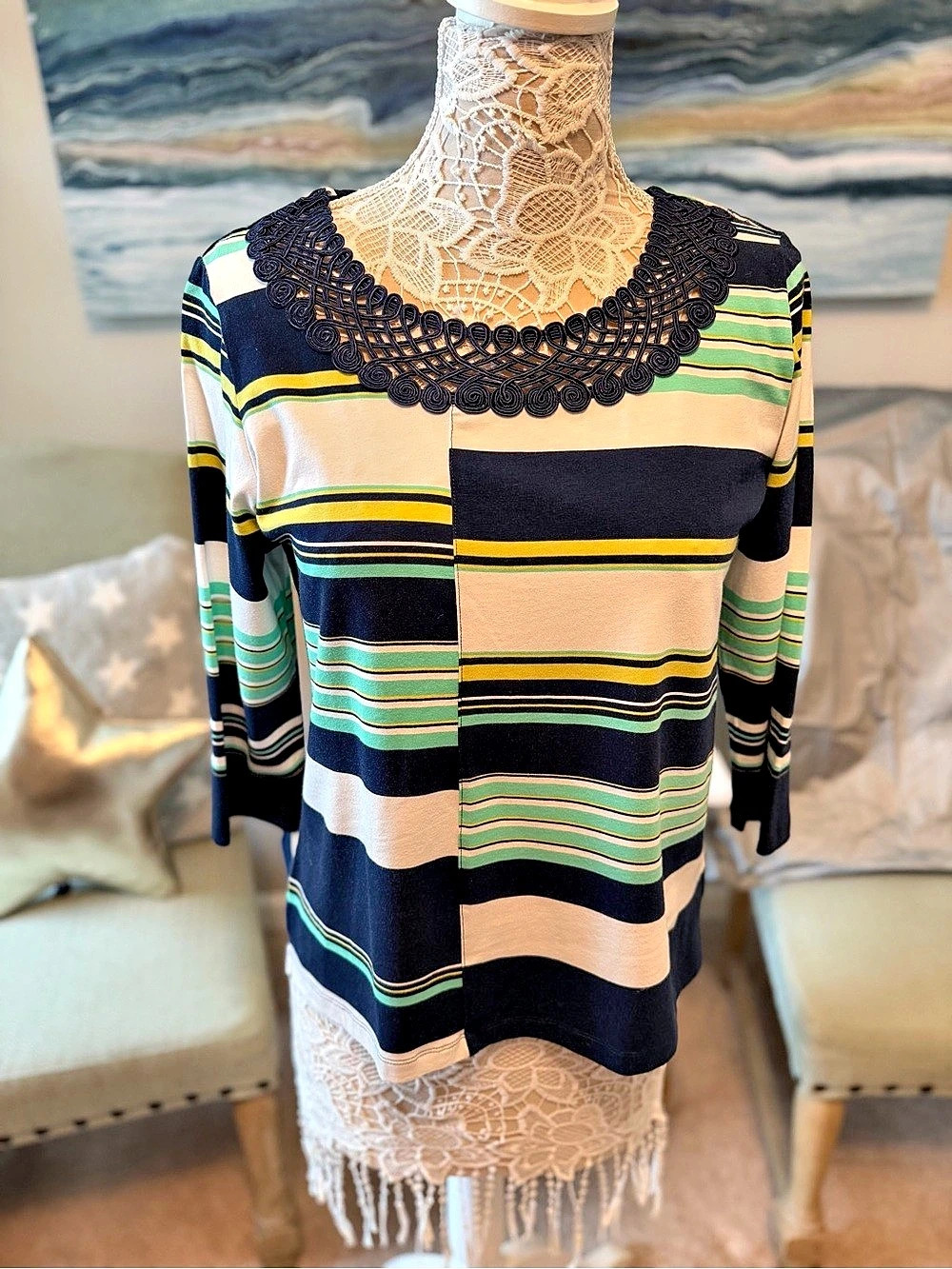 alfred dunner Petite Spliced Multi Stripe Knit Top Blue & Green Petite Small